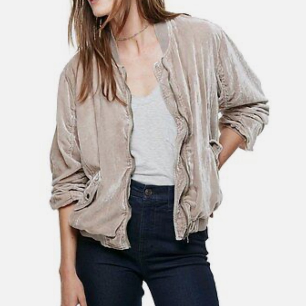 Free People Ruched Velvet Bomber Jacket